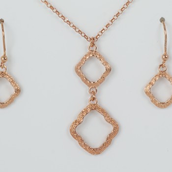 Rose Gold Plating on Sterling Silver Open Diamond Shape Drop Earrings and Pendant